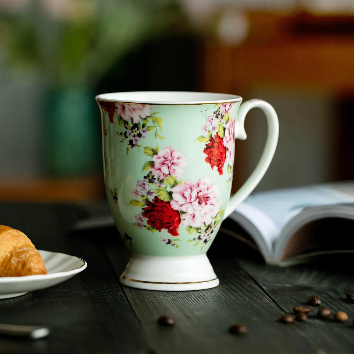 Brew To A Tea Coffee Mugs, 12 oz, Set of 6 | Floral Bone China Cups for Home & Kitchen - view 8