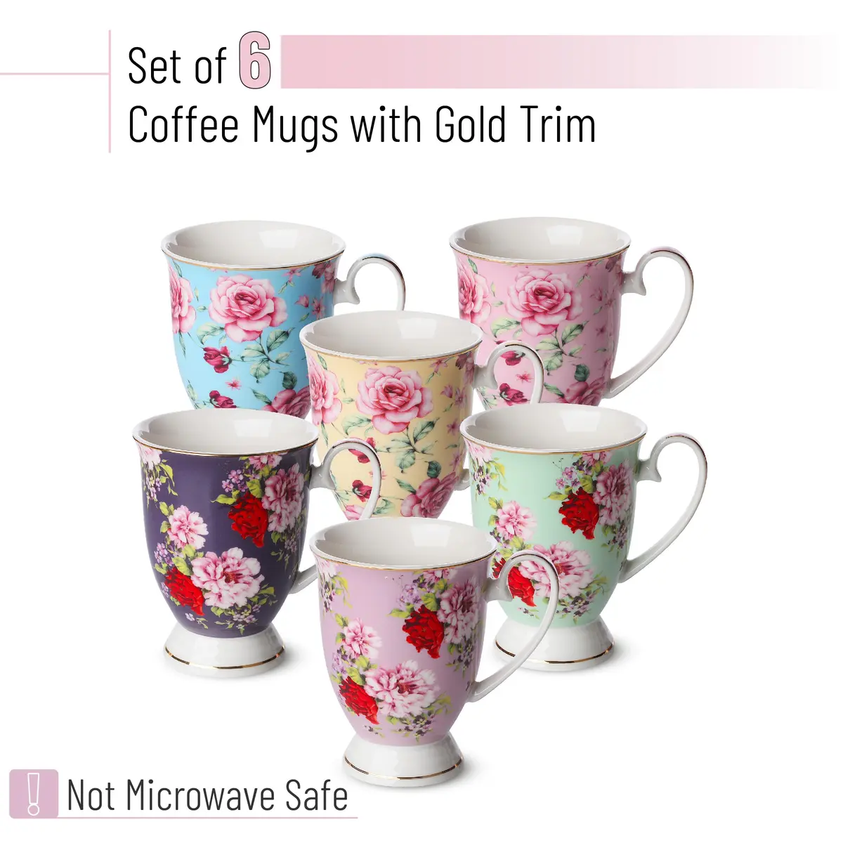 Brew To A Tea Coffee Mugs, 12 oz, Set of 6 | Floral Bone China Cups for Home & Kitchen - view 2