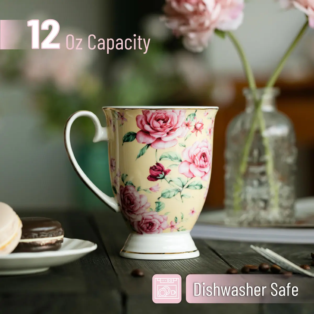Brew To A Tea Coffee Mugs, 12 oz, Set of 6 | Floral Bone China Cups for Home & Kitchen - view 3
