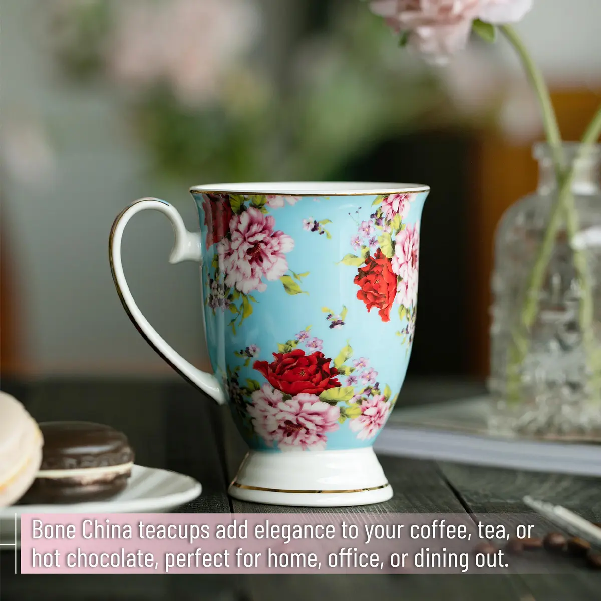 Brew To A Tea Floral Porcelain Bone China Coffee Mugs Set of 4, 12 oz | Assorted Colors with Gold Trim - view 6