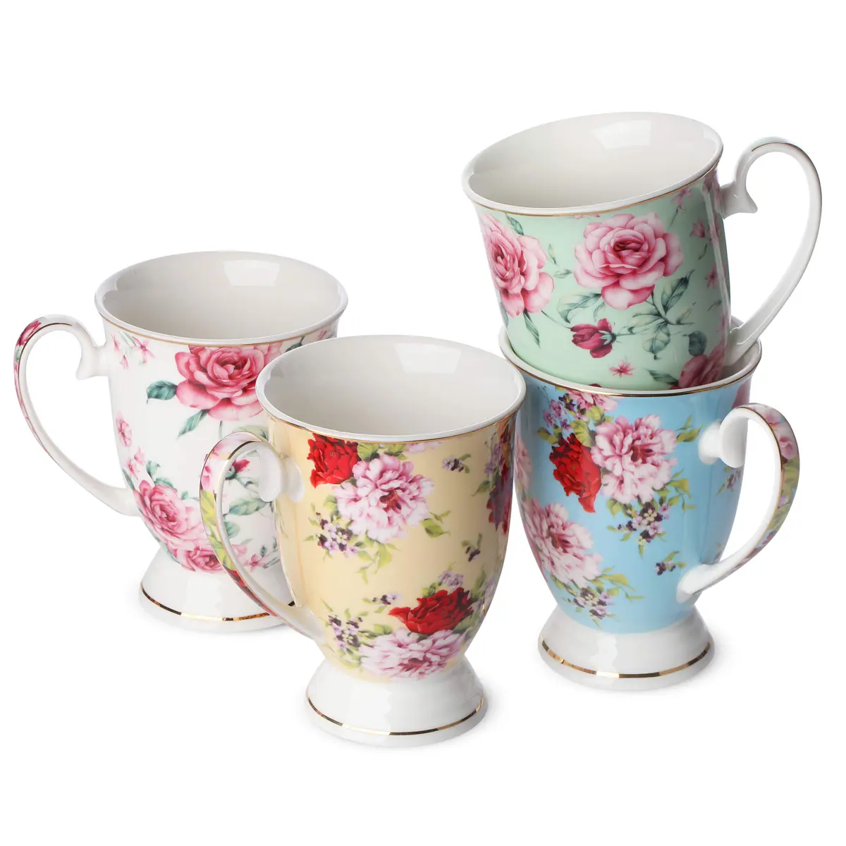 Brew To A Tea Floral Porcelain Bone China Coffee Mugs Set of 4, 12 oz | Assorted Colors with Gold Trim - main product image