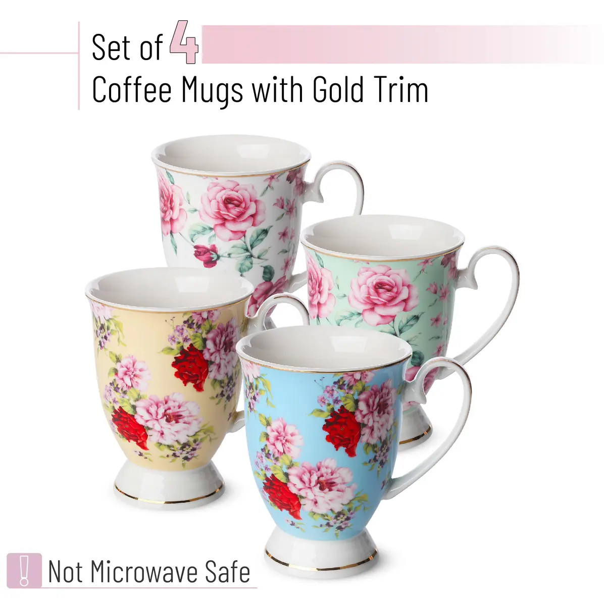 Brew To A Tea Floral Porcelain Bone China Coffee Mugs Set of 4, 12 oz | Assorted Colors with Gold Trim - view 2
