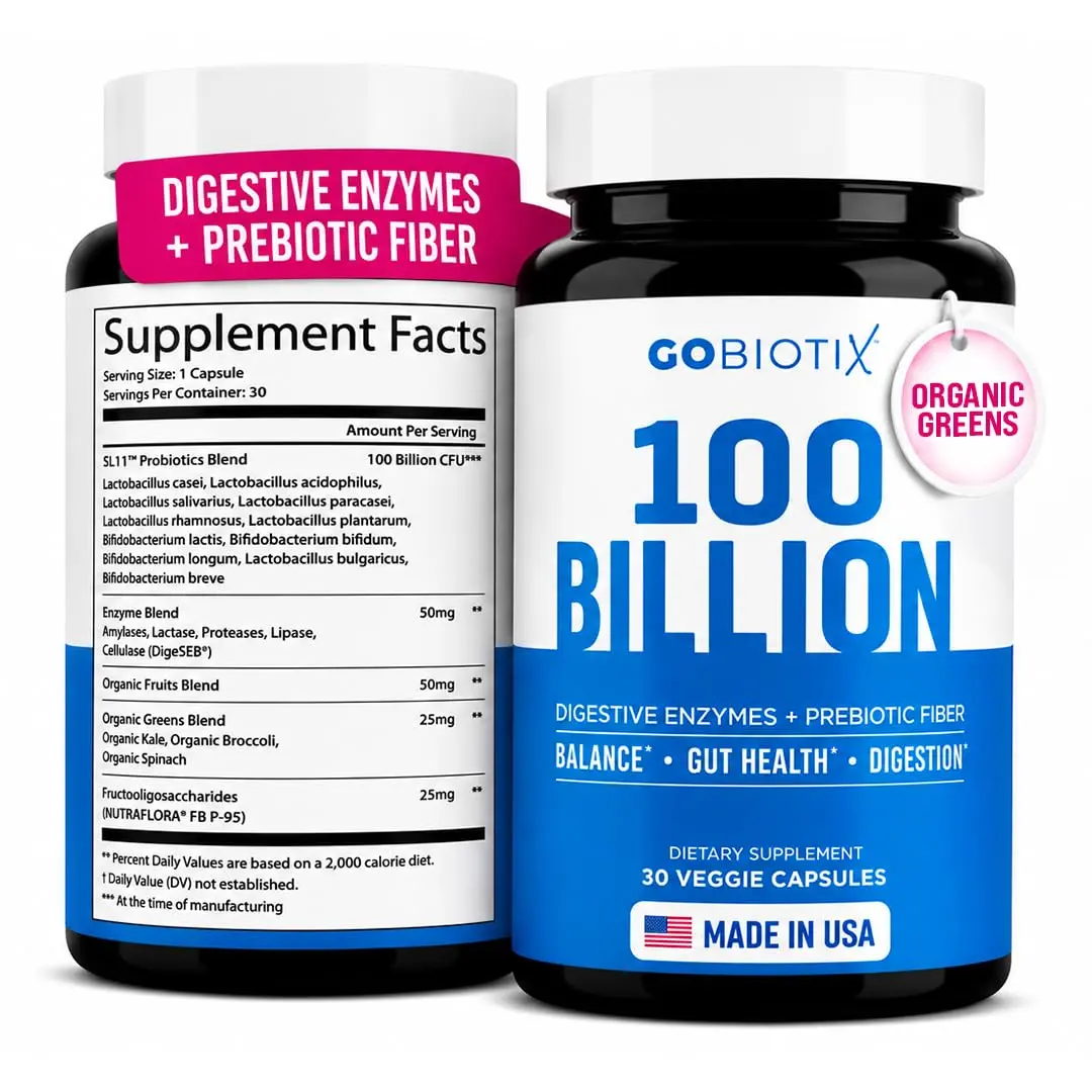 GOBIOTIX 100 Billion Digestive Enzymes Supplement - Probiotics & Prebiotics 30 Capsules | Vegan, Non GMO - main product image