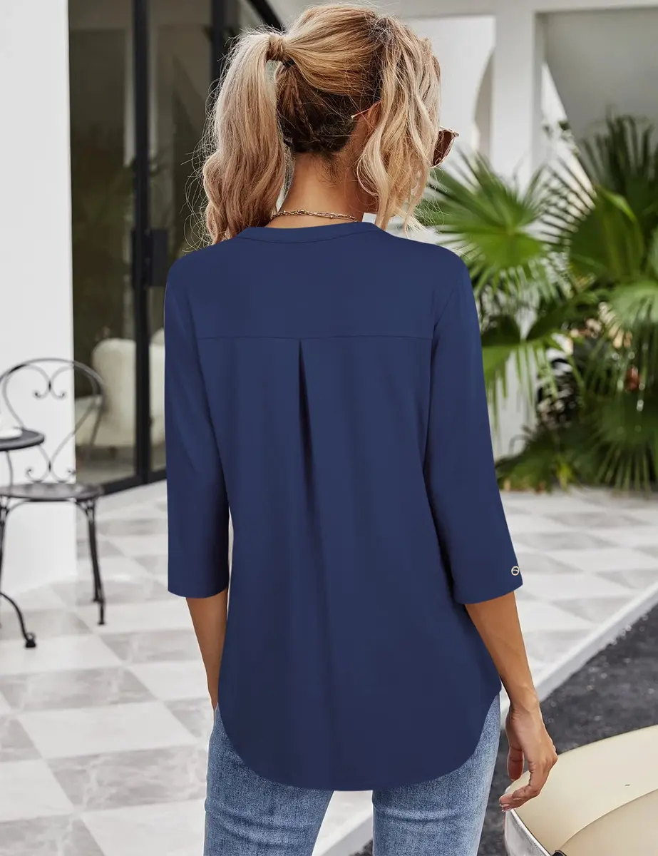 VALOLIA Tunic Top for Women Large Blue | Stylish Loose Fit 3/4 Sleeve V Neck Summer Office - view 2