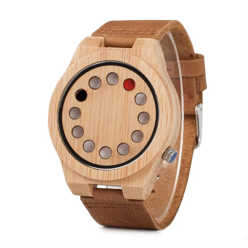BOBO BIRD Men's Bamboo Wooden Watch with Black Cowhide Leather Strap 12 Holes Timer Design Sports Casual Watches (Brown Cat-Eye) - main product image