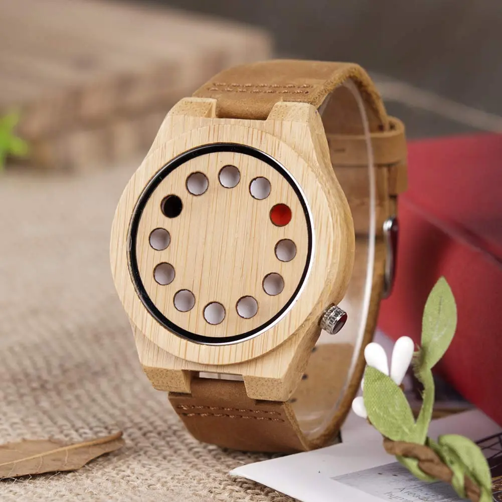 BOBO BIRD Men's Bamboo Wooden Watch with Black Cowhide Leather Strap 12 Holes Timer Design Sports Casual Watches (Brown Cat-Eye) - view 4