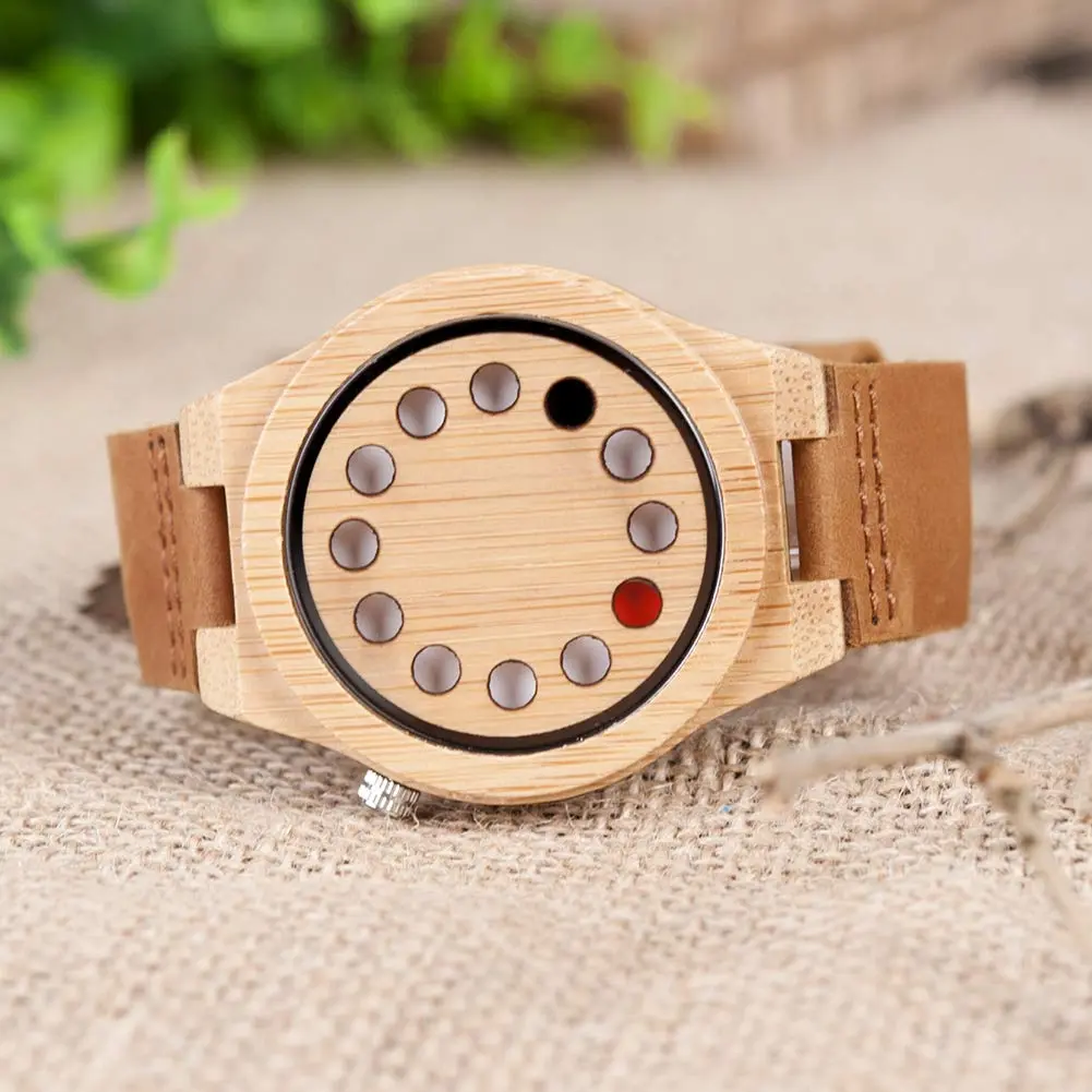 BOBO BIRD Men's Bamboo Wooden Watch with Black Cowhide Leather Strap 12 Holes Timer Design Sports Casual Watches (Brown Cat-Eye) - view 5