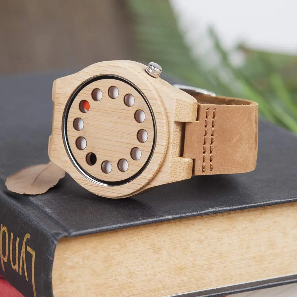 BOBO BIRD Men's Bamboo Wooden Watch with Black Cowhide Leather Strap 12 Holes Timer Design Sports Casual Watches (Brown Cat-Eye) - view 6
