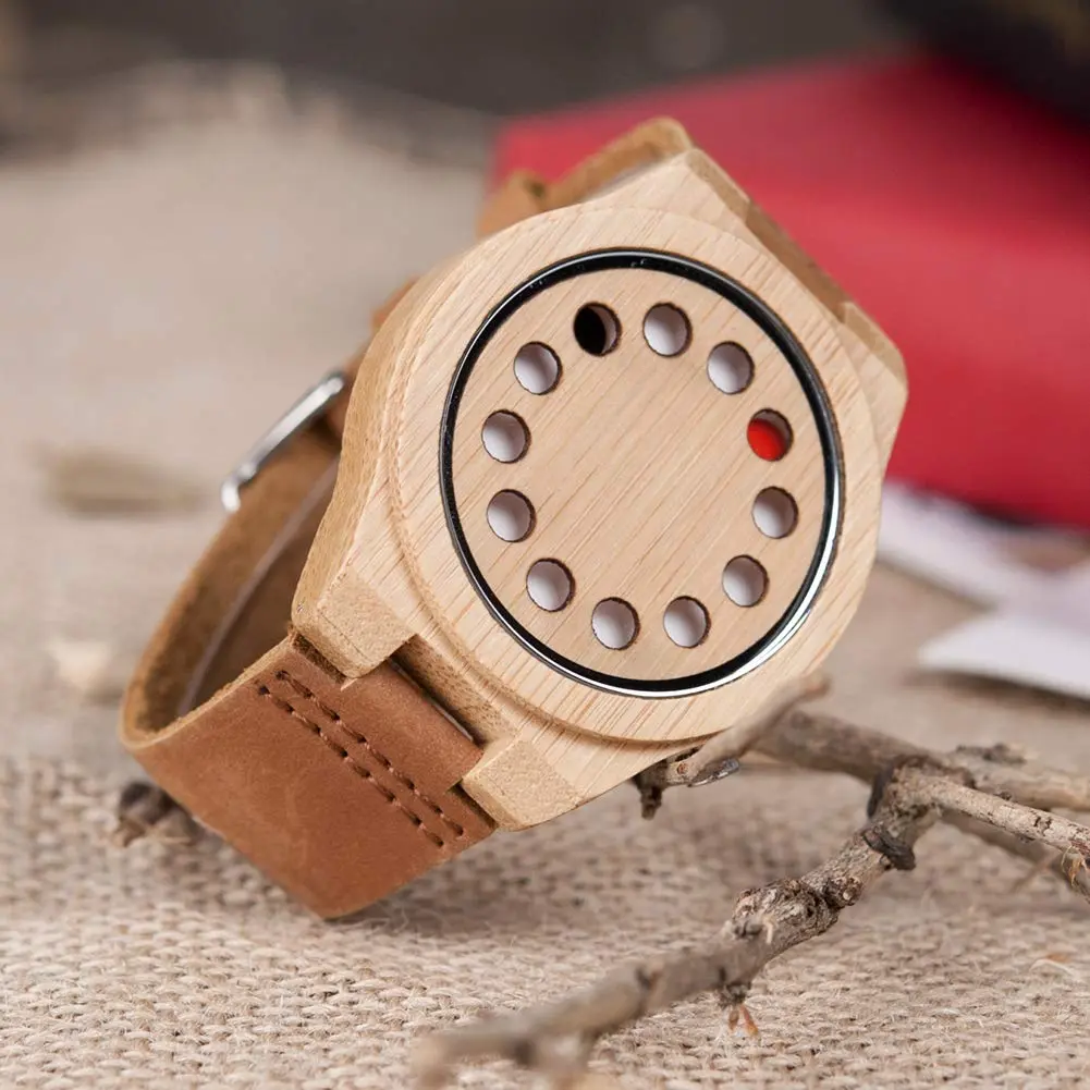 BOBO BIRD Men's Bamboo Wooden Watch with Black Cowhide Leather Strap 12 Holes Timer Design Sports Casual Watches (Brown Cat-Eye) - view 2
