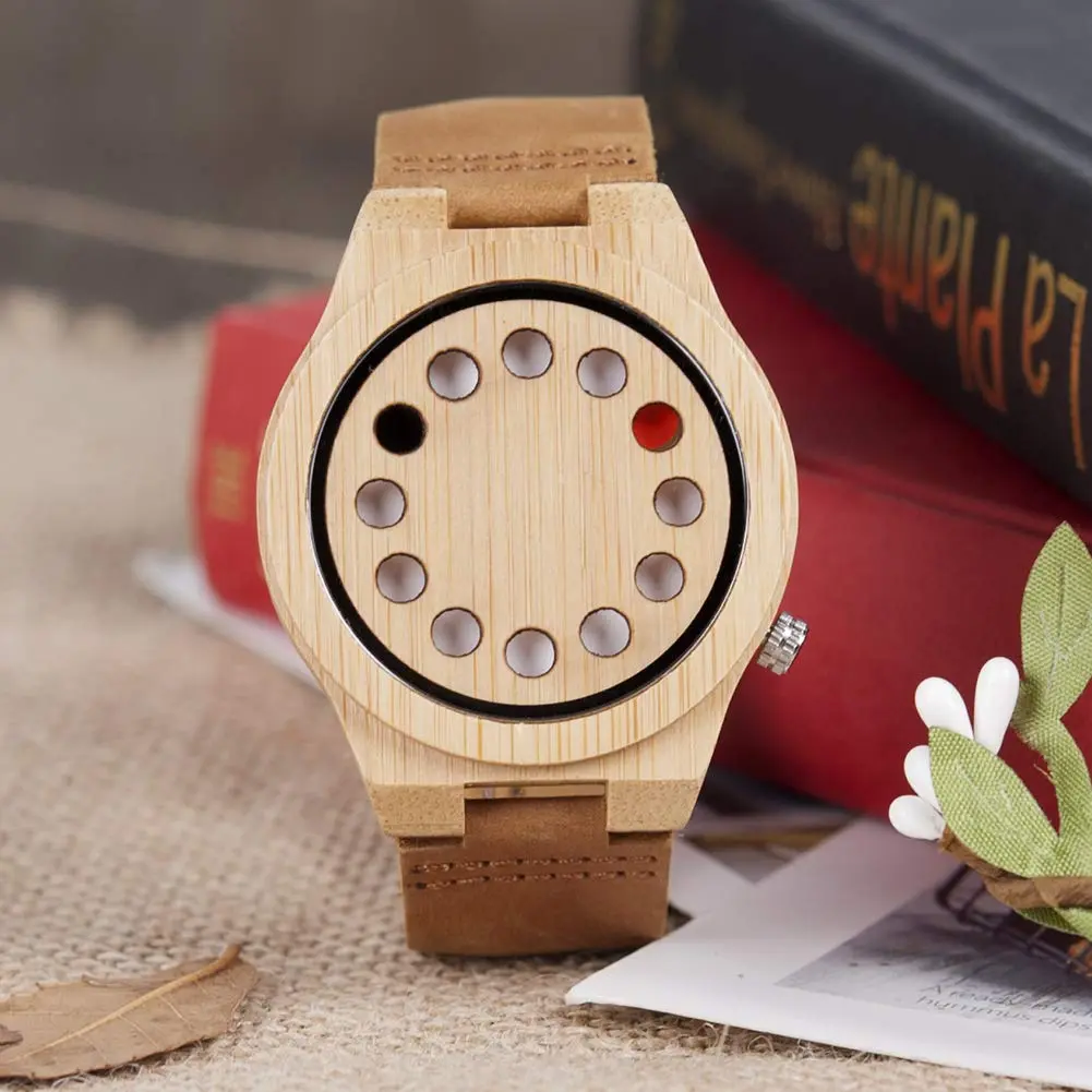 BOBO BIRD Men's Bamboo Wooden Watch with Black Cowhide Leather Strap 12 Holes Timer Design Sports Casual Watches (Brown Cat-Eye) - view 3