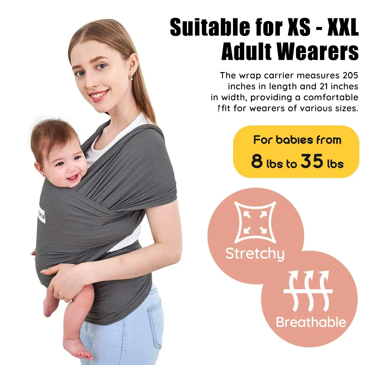 ACRABROS Baby Wrap Carrier, Hands-Free Sling for Newborns to Toddlers (8-35 lbs) | Breathable Heather Grey - view 2
