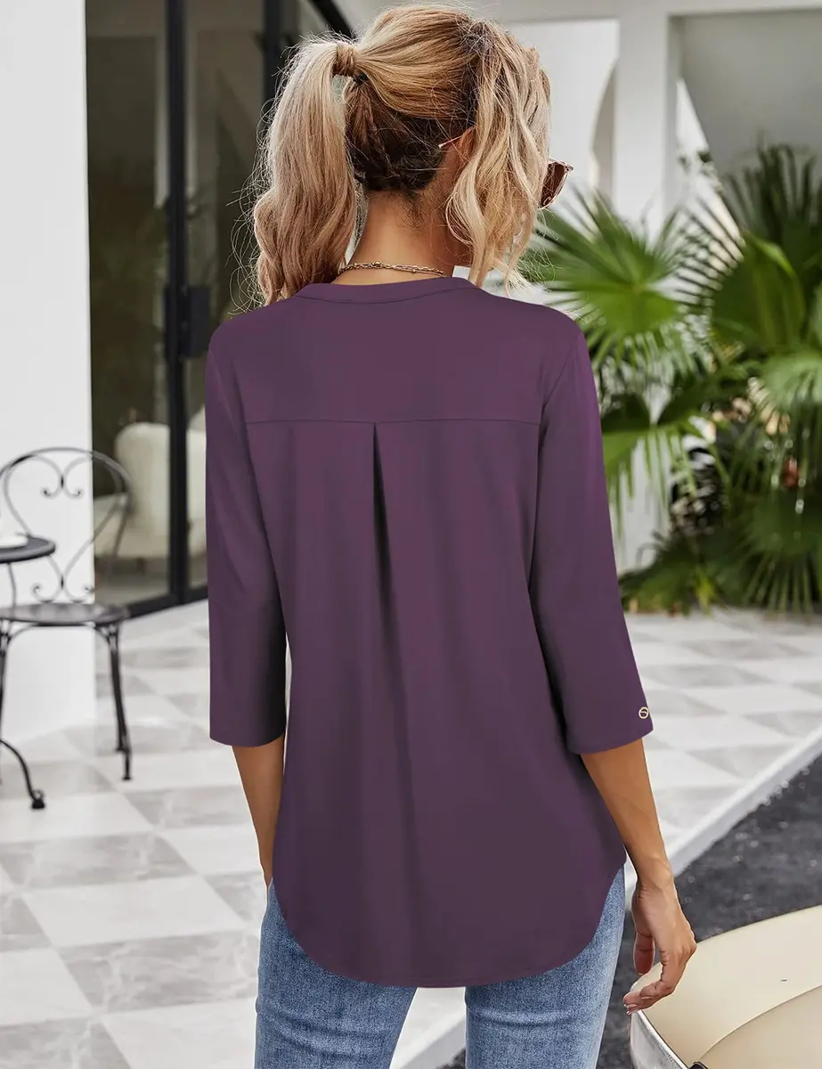 VALOLIA Women's V Neck 3/4 Sleeve Blouse XX-Large Dark Purple | Stylish & Casual Tunic - view 2