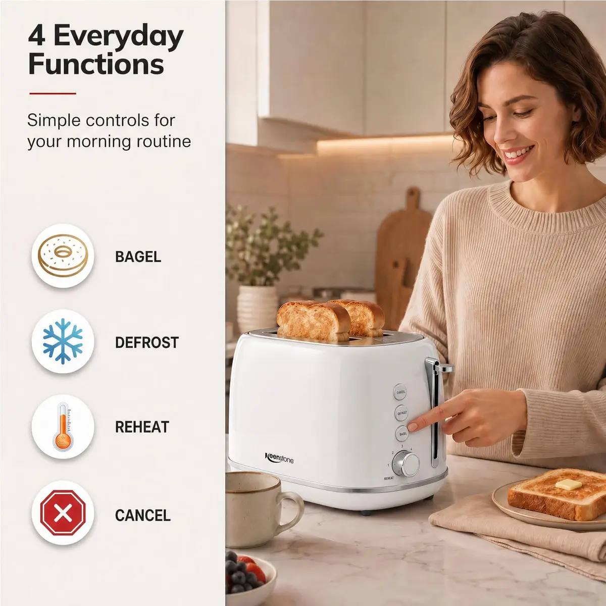Keenstone 2 Slice Toaster | Retro Stainless Steel Kitchen Essential, White | Wide Slot, 6 Browning Levels - view 4