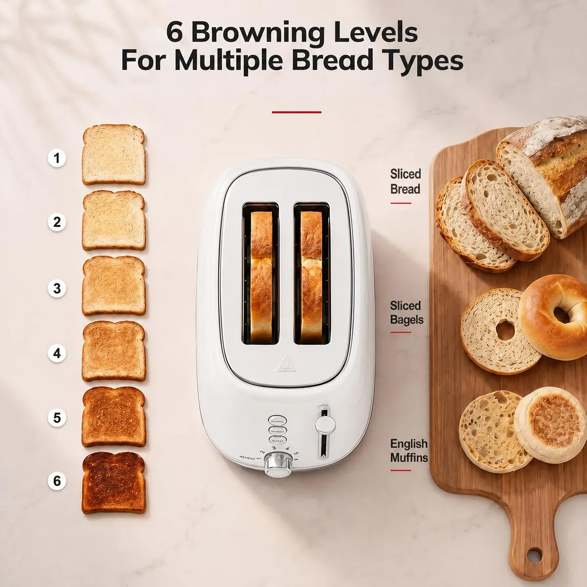 Keenstone 2 Slice Toaster | Retro Stainless Steel Kitchen Essential, White | Wide Slot, 6 Browning Levels - view 5