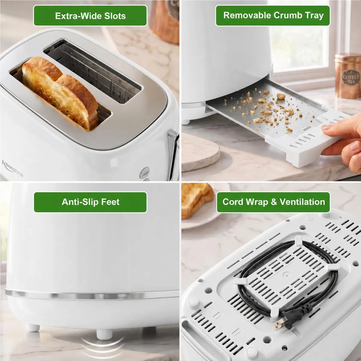 Keenstone 2 Slice Toaster | Retro Stainless Steel Kitchen Essential, White | Wide Slot, 6 Browning Levels - view 6