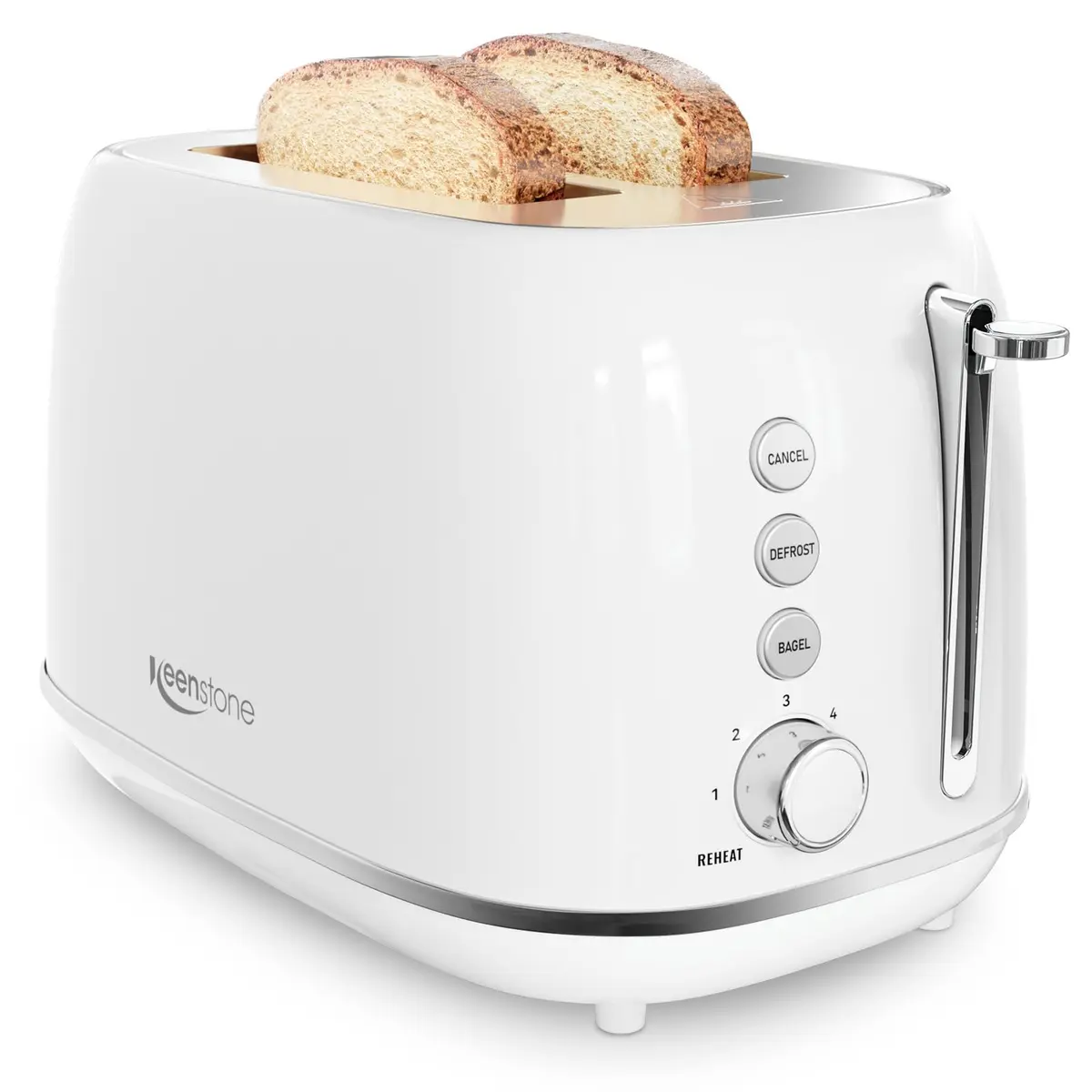 Keenstone 2 Slice Toaster | Retro Stainless Steel Kitchen Essential, White | Wide Slot, 6 Browning Levels - main product image