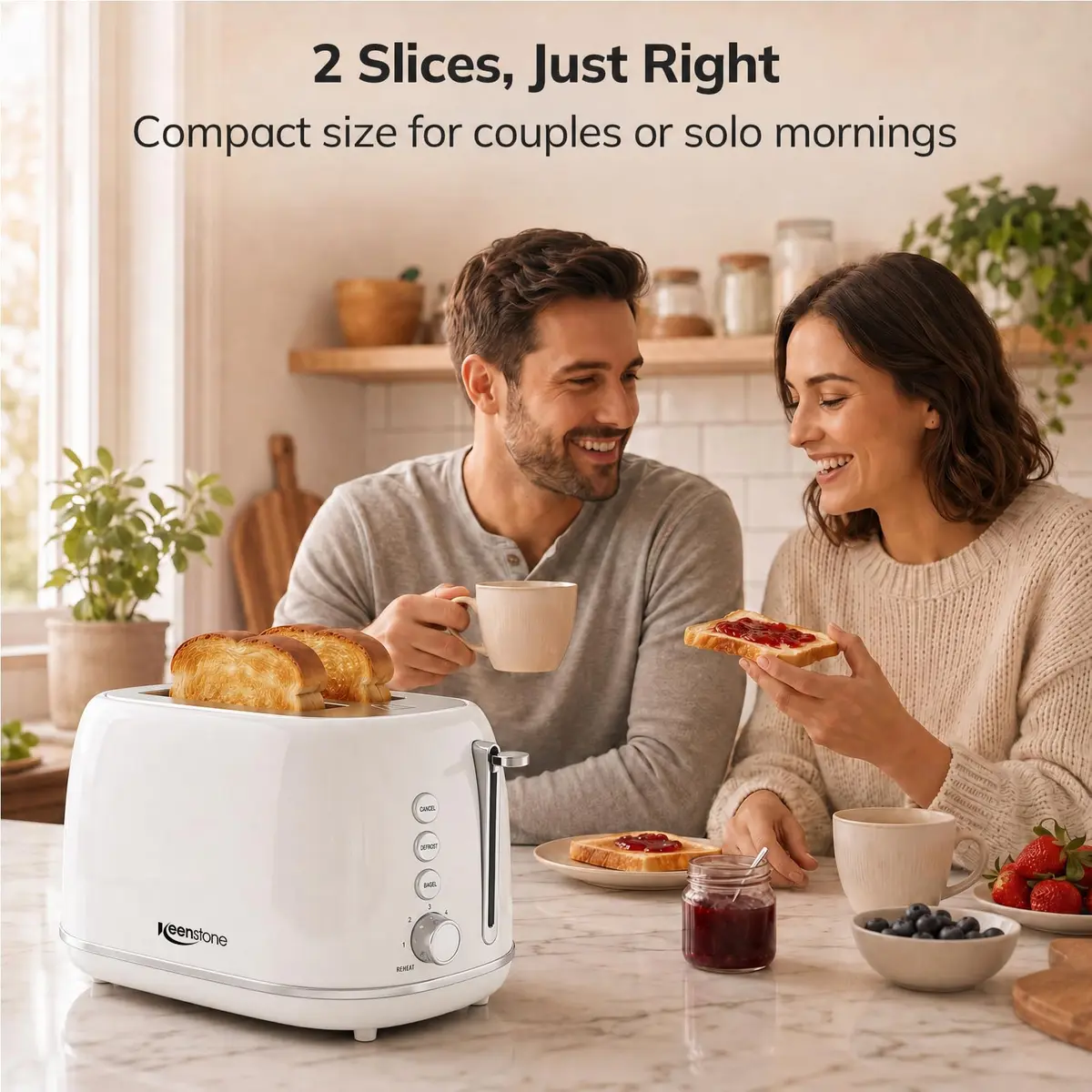 Keenstone 2 Slice Toaster | Retro Stainless Steel Kitchen Essential, White | Wide Slot, 6 Browning Levels - view 7