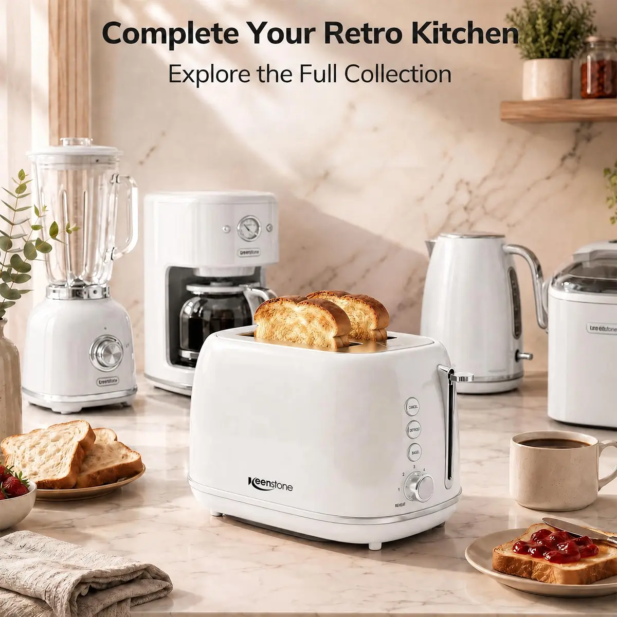 Keenstone 2 Slice Toaster | Retro Stainless Steel Kitchen Essential, White | Wide Slot, 6 Browning Levels - view 8