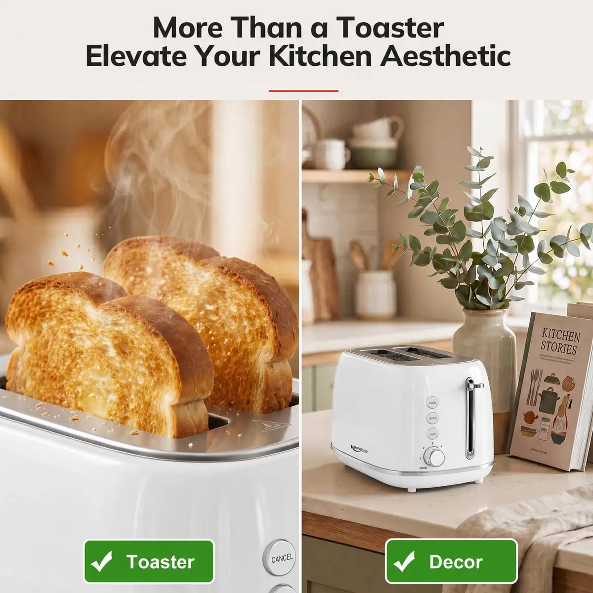 Keenstone 2 Slice Toaster | Retro Stainless Steel Kitchen Essential, White | Wide Slot, 6 Browning Levels - view 2