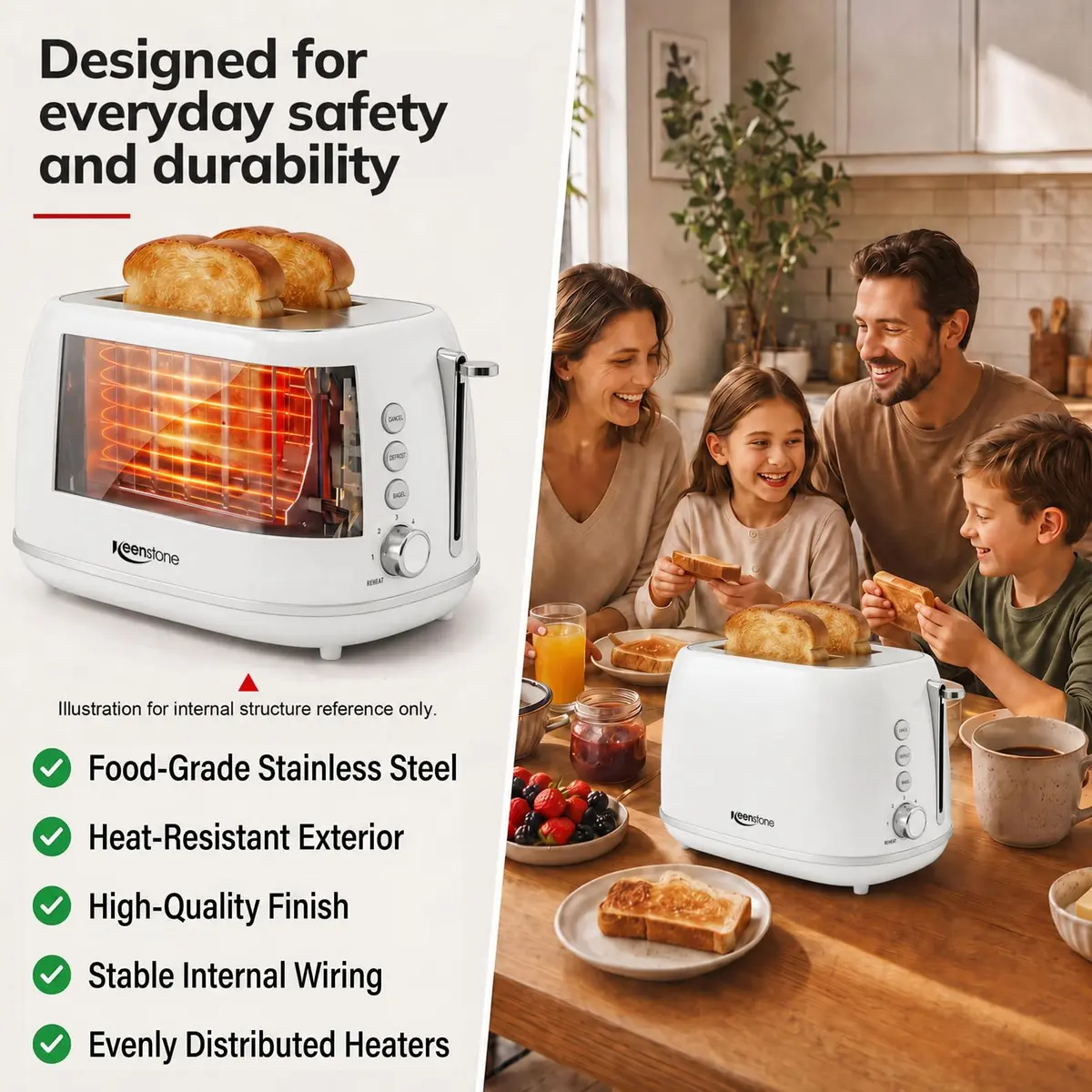 Keenstone 2 Slice Toaster | Retro Stainless Steel Kitchen Essential, White | Wide Slot, 6 Browning Levels - view 3