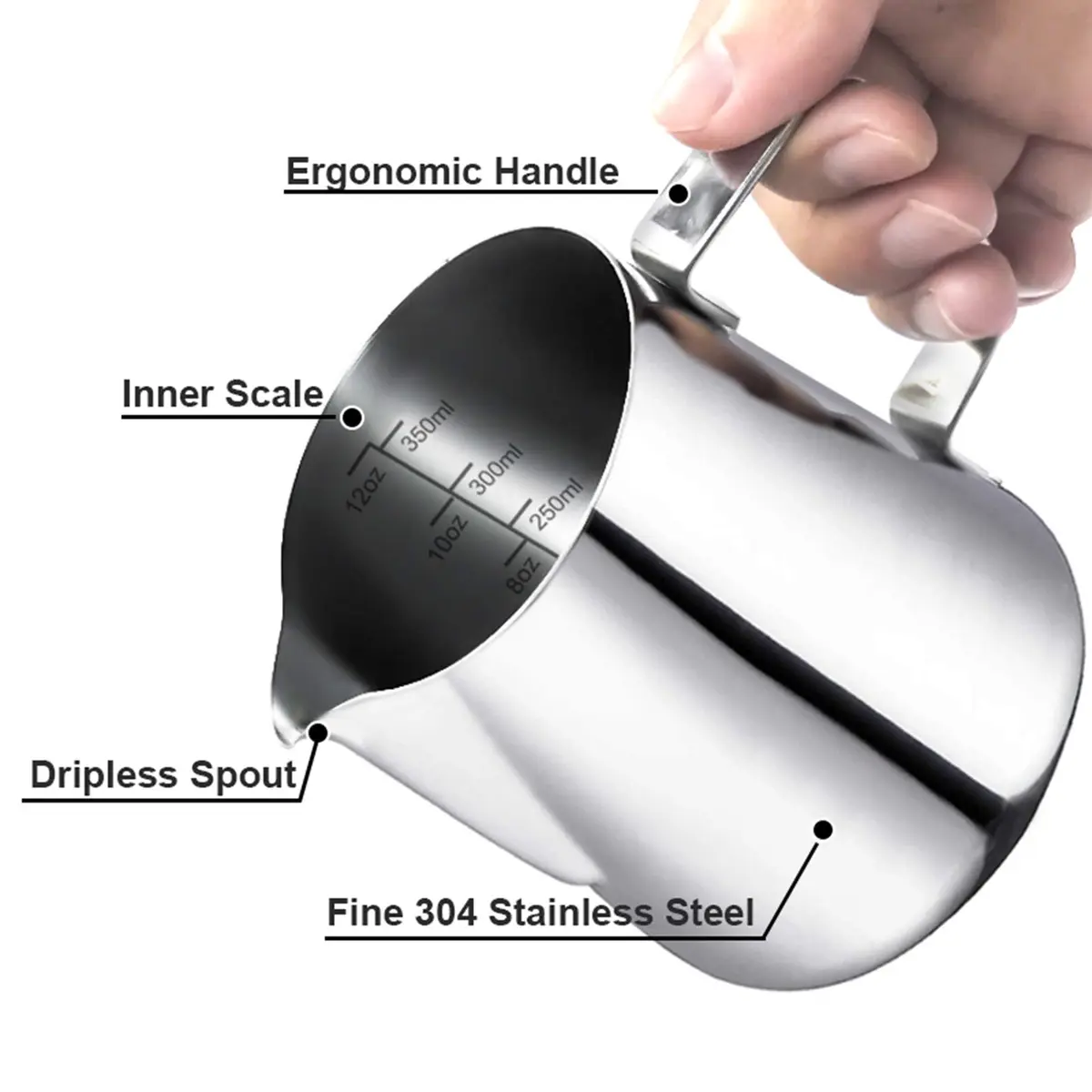 SOTECH Stainless Steel Espresso Milk Frothing Pitcher,12oz/350ml | Rust-proof, Dripless, Dishwasher Safe - view 3