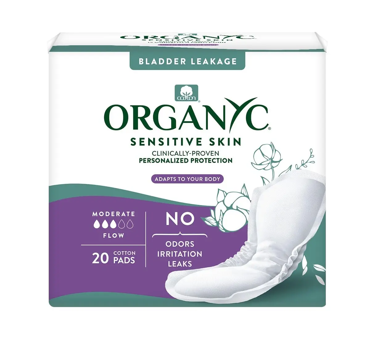 Organyc 100% Organic Cotton Light Incontinence Pads for Bladder Leaks | Moderate Flow, 20 Count - main product image