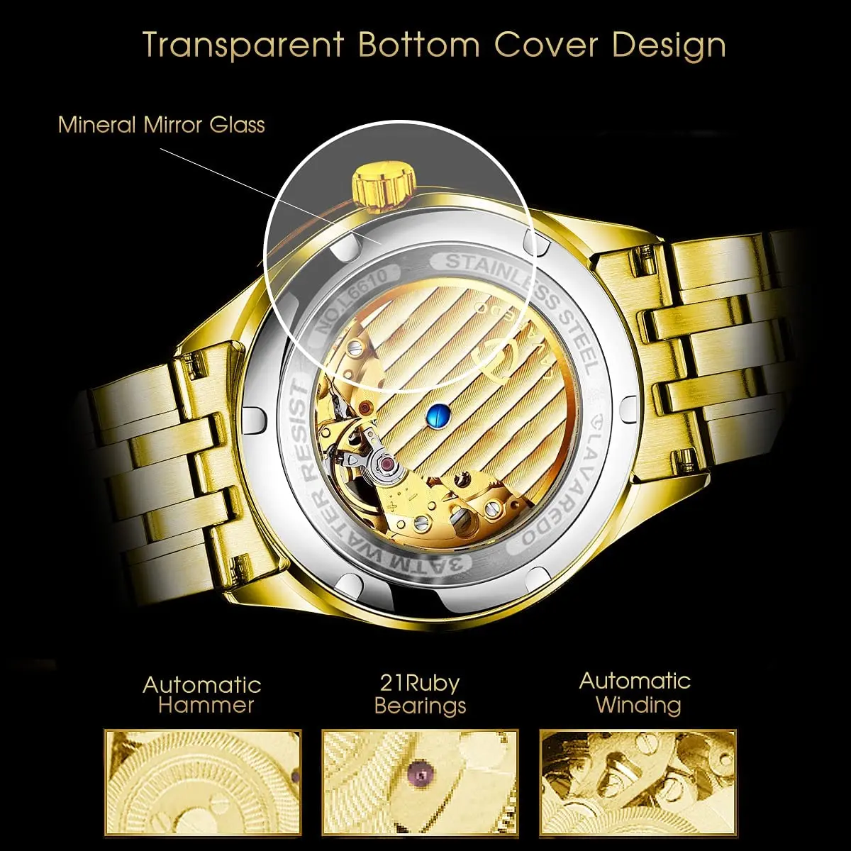 A ALPS Automatic Mechanical Watch for Men | 41mm Stainless Steel Case, 20mm Band, 30M Water Resistant - view 3