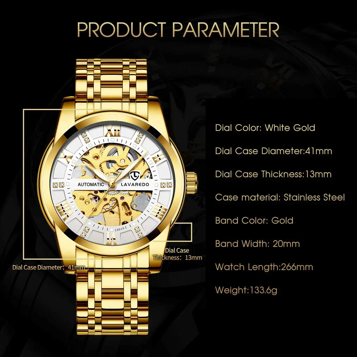 A ALPS Automatic Mechanical Watch for Men | 41mm Stainless Steel Case, 20mm Band, 30M Water Resistant - view 4