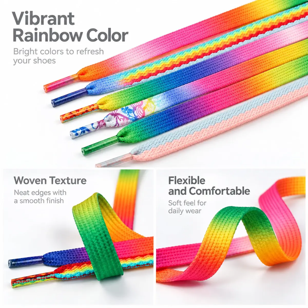 Booyckiy Colorful Shoe Laces Rainbow 47in | Premium Flat Shoelaces for Sneakers & Shoes - view 3