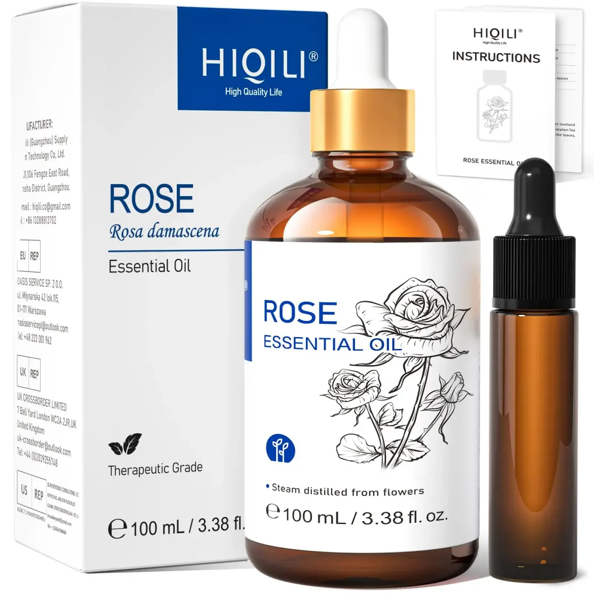 HIQILI Rose Essential Oil 100ml (3.38 Fl Oz) | Pure Bulgarian Rosa Damascena for Skin & Aromatherapy - main product image