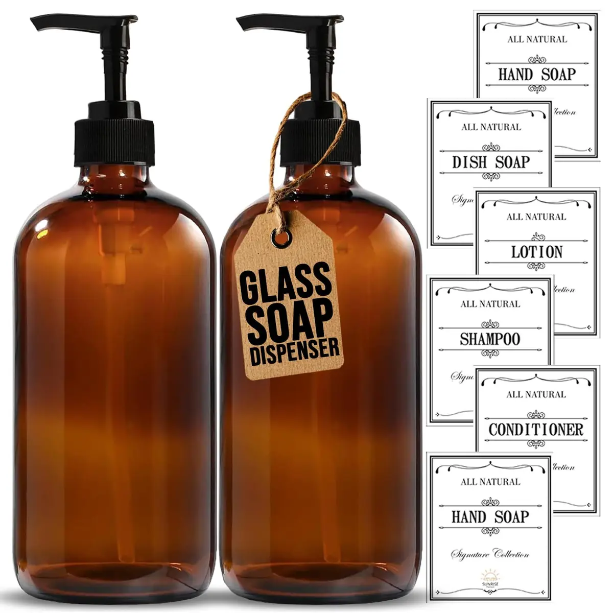 Sunrise Premium Amber Glass Soap Dispenser with Pump, 2 Pack | Elegant Lead-Free Glass for Kitchen & Bathroom - main product image