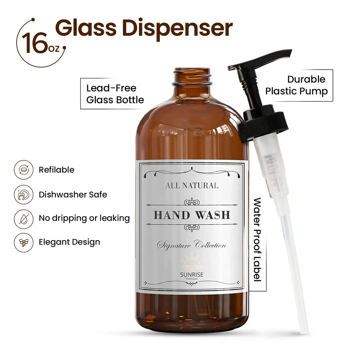 Sunrise Premium Amber Glass Soap Dispenser with Pump, 2 Pack | Elegant Lead-Free Glass for Kitchen & Bathroom - view 2