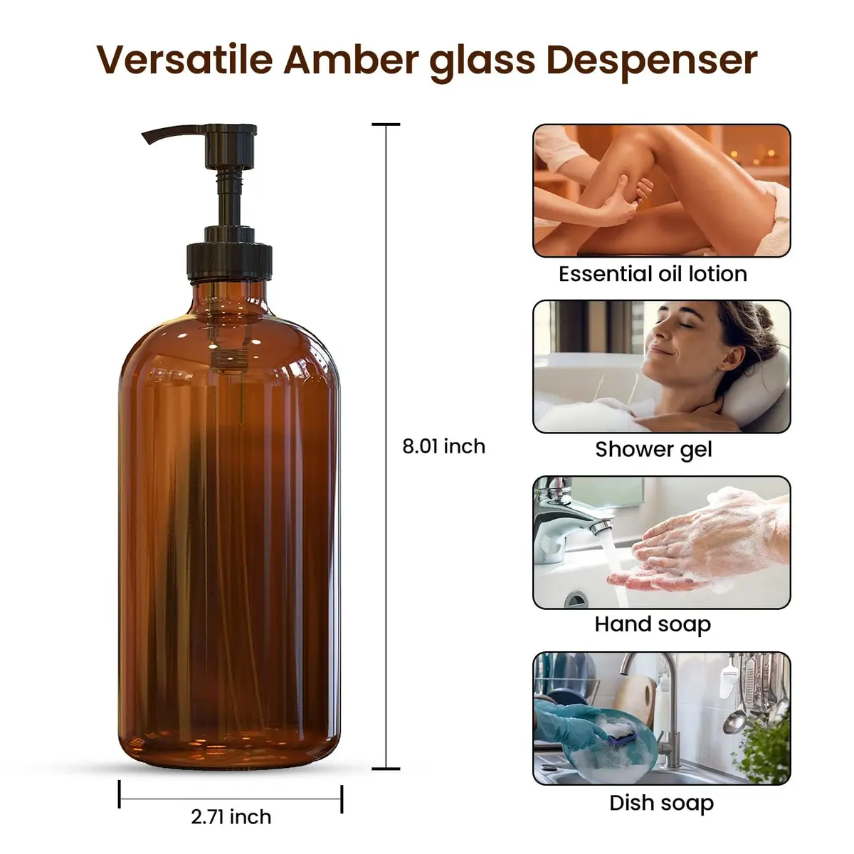 Sunrise Premium Amber Glass Soap Dispenser with Pump, 2 Pack | Elegant Lead-Free Glass for Kitchen & Bathroom - view 3