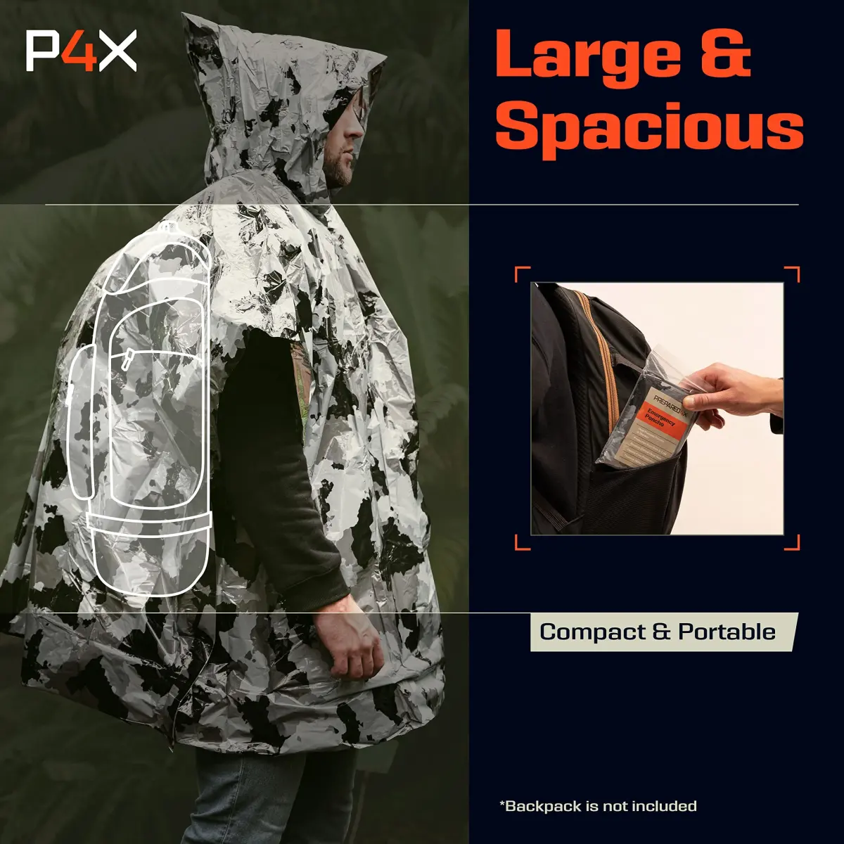 PREPARED4X Emergency Poncho with Mylar Blanket Liner 4-Pack (Camo) | Waterproof & Wind-Resistant for Survival Kits - view 7