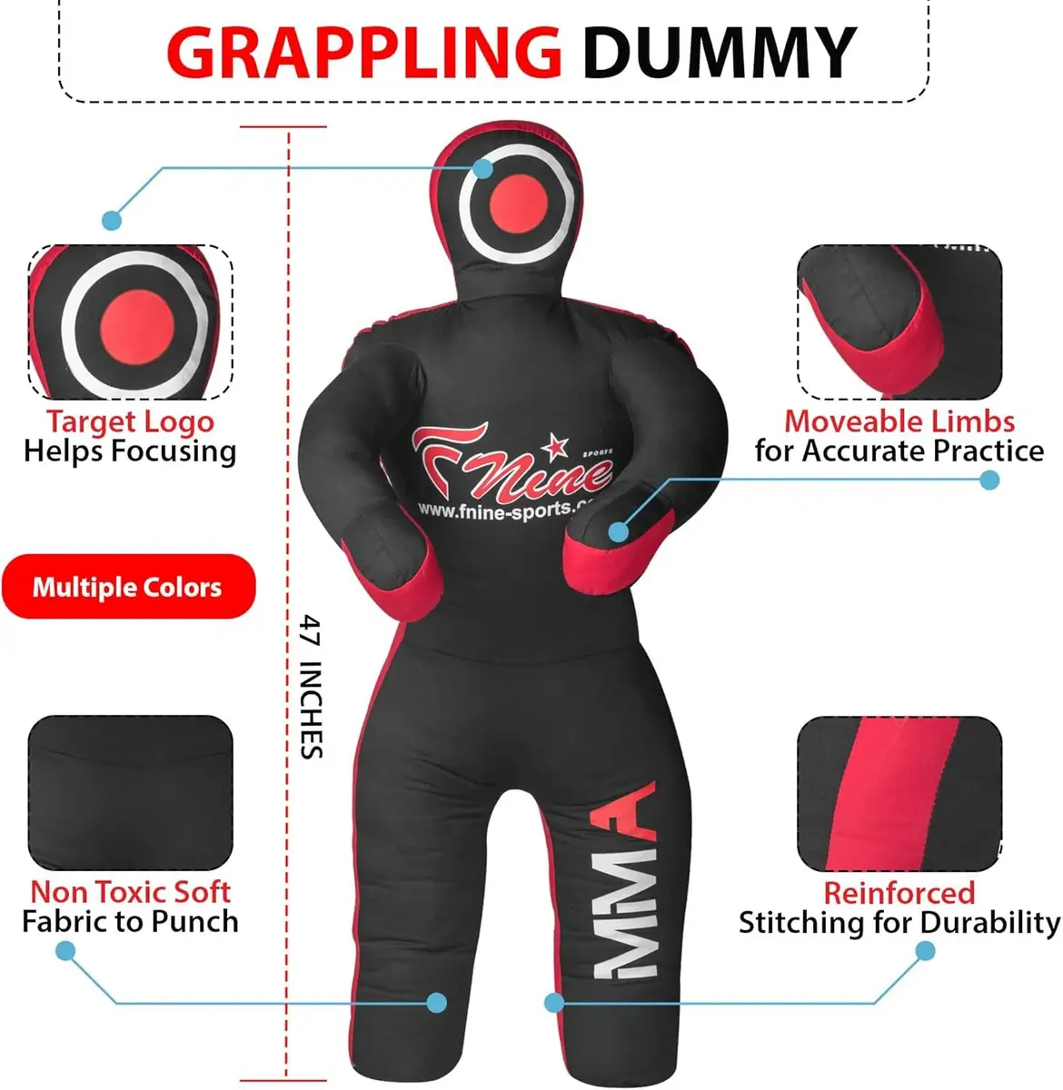 FNine Sports MMA Grappling Dummy Unfilled Canvas Bag Black Red 120 cm (47 Inches) | Practice Submission Lifting Throwing - view 5