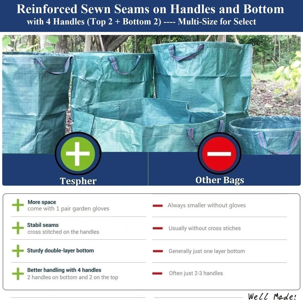 Tespher Lawn Garden Waste Bags 137 Gallon | Heavy Duty Reusable Yard Debris Containers (D34,H34 in) with Gardening Gloves - view 8