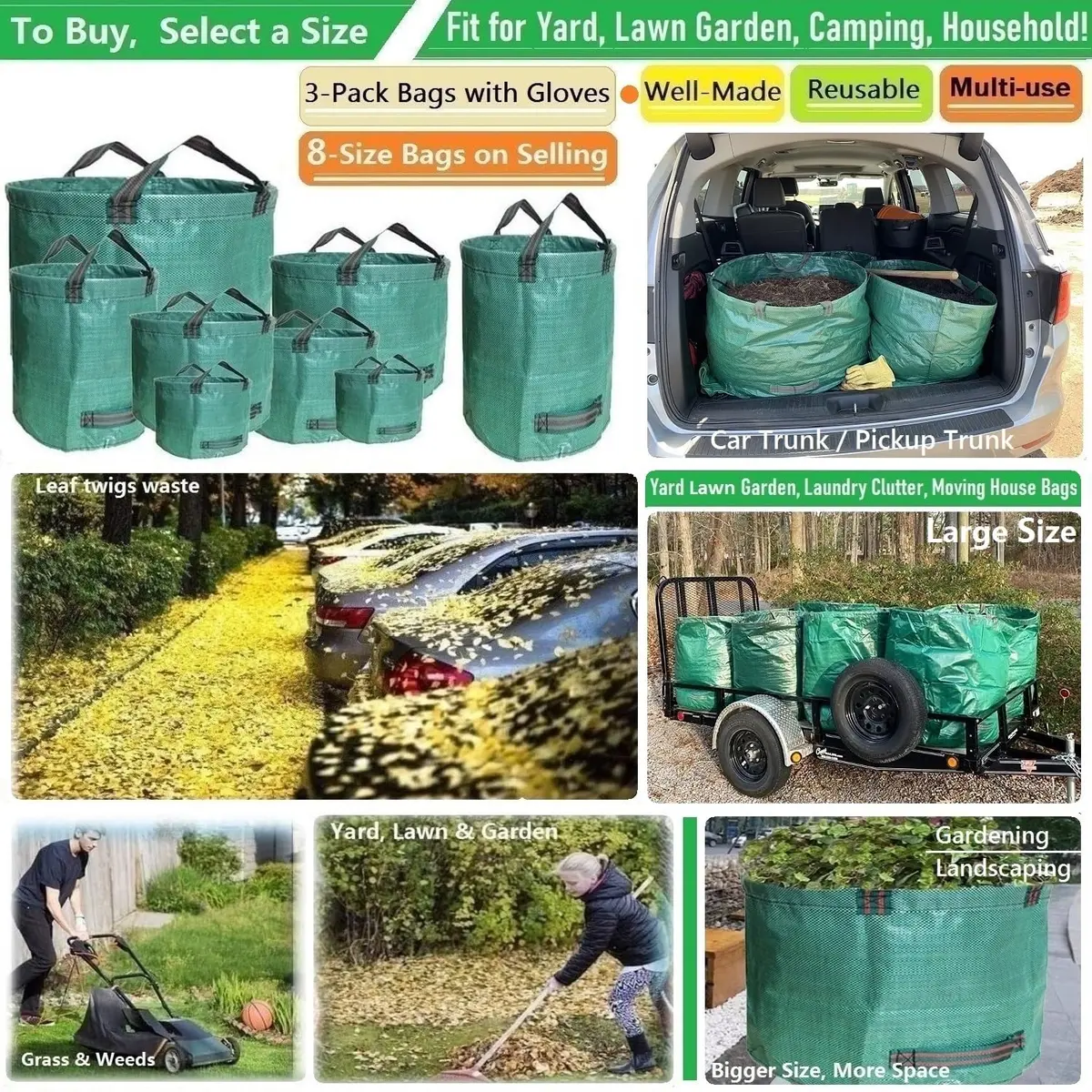Tespher Lawn Garden Waste Bags 137 Gallon | Heavy Duty Reusable Yard Debris Containers (D34,H34 in) with Gardening Gloves - view 2