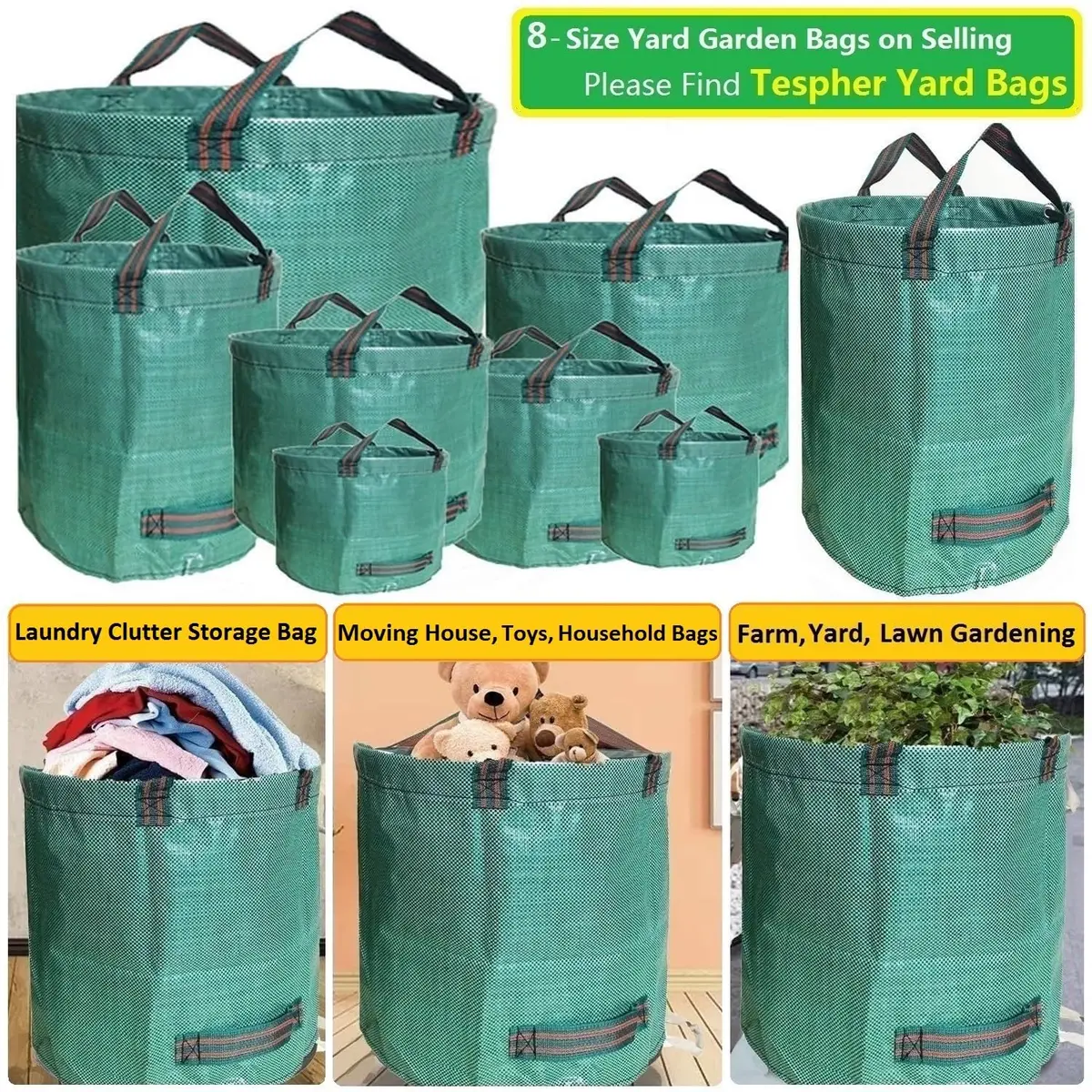 Tespher Lawn Garden Waste Bags 137 Gallon | Heavy Duty Reusable Yard Debris Containers (D34,H34 in) with Gardening Gloves - view 3
