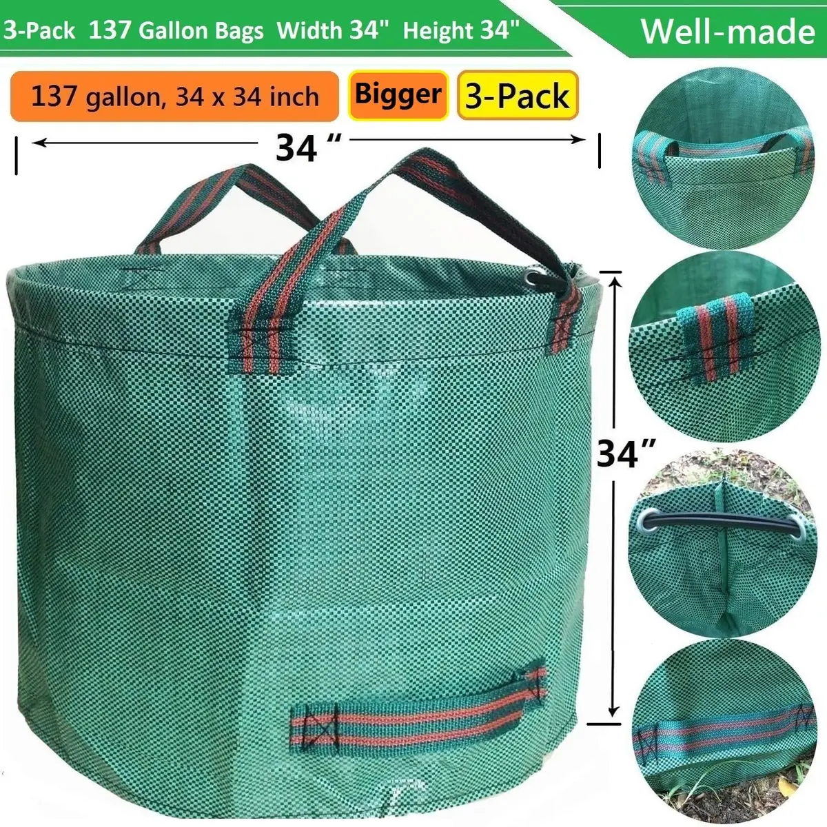 Tespher Lawn Garden Waste Bags 137 Gallon | Heavy Duty Reusable Yard Debris Containers (D34,H34 in) with Gardening Gloves - view 4