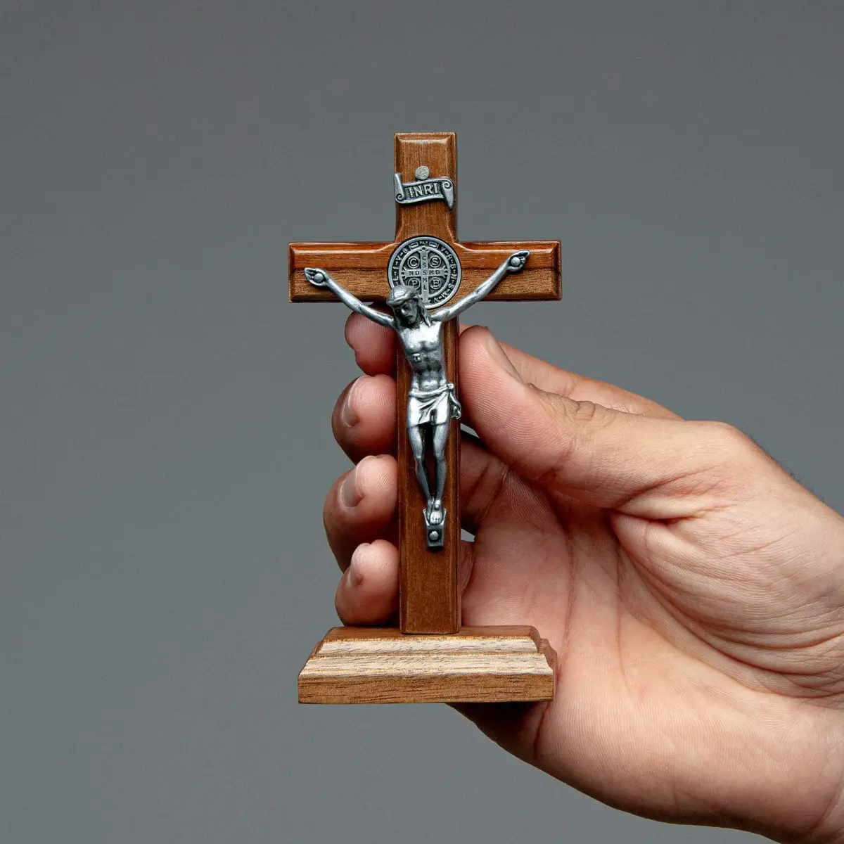 Intercession St. Benedict Crucifix with Antique Silver 5 inch (12.7 cm) Wood Cross | Faith Statement - view 5