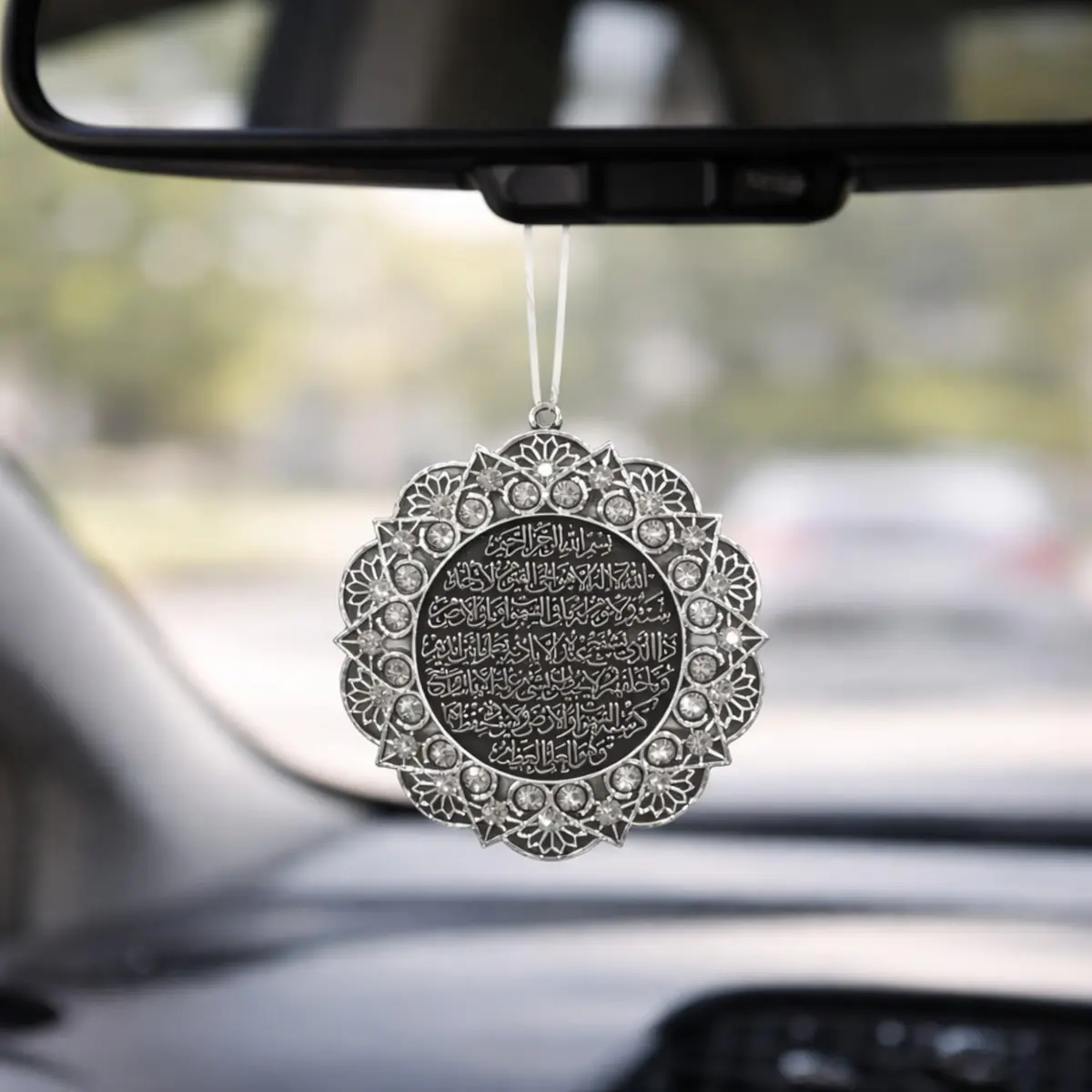 Modefa Turkish Islamic Ottoman Double-Sided Ayatul Kursi Nazar Dua Star Shaped Car Rear View Mirror Hanger Medallion Pendant Accessory (Silver/White) | Religious Car Decor - view 2