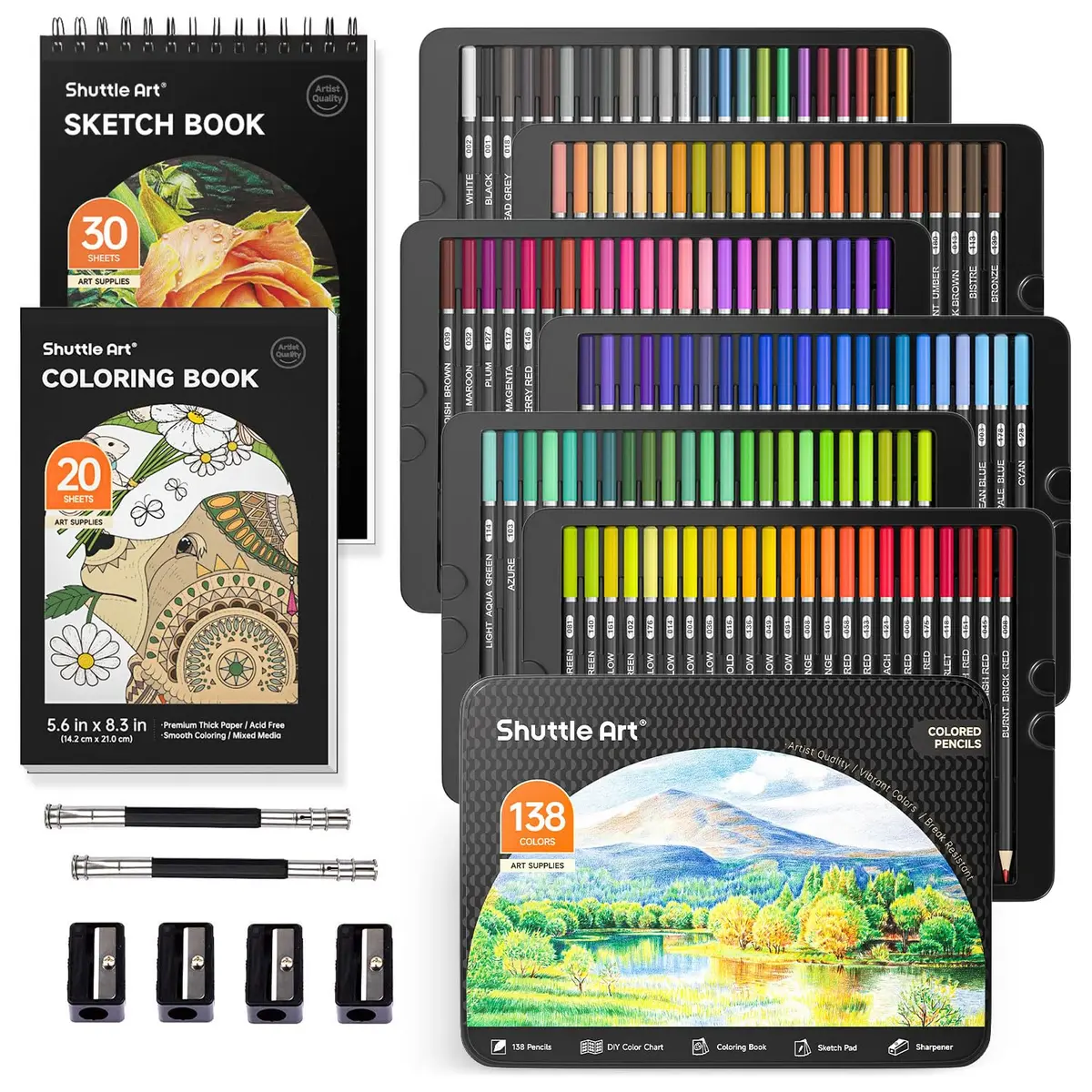Shuttle Art 138 Colored Pencils Set with Sketch Pad & Book | Vibrant, Break-Resistant, Perfect for Artists & Kids - main product image