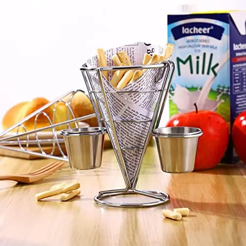 Zerodis Double Cup French Fry Stand with Sauce Holder | Metal Wire Basket for Kitchen Home Parties Backyard Picnics - view 12