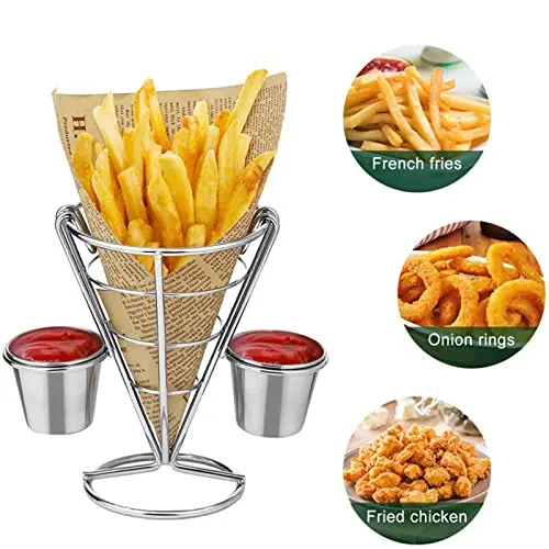 Zerodis Double Cup French Fry Stand with Sauce Holder | Metal Wire Basket for Kitchen Home Parties Backyard Picnics - view 6