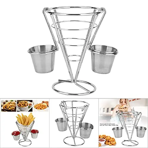 Zerodis Double Cup French Fry Stand with Sauce Holder | Metal Wire Basket for Kitchen Home Parties Backyard Picnics - view 9