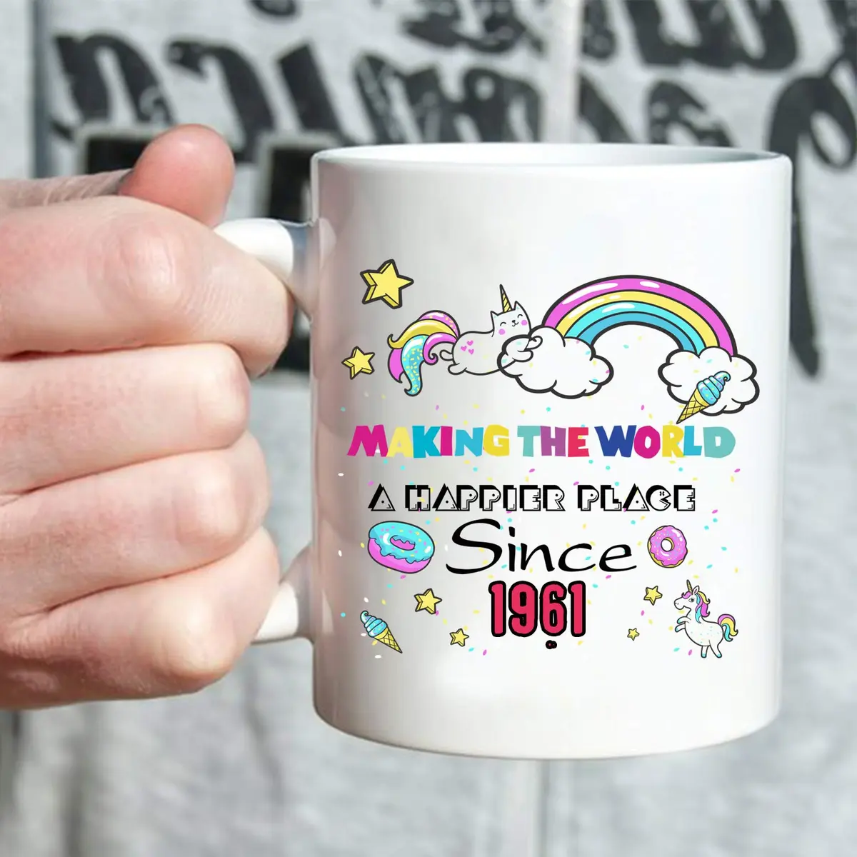 MintBear 60th Birthday Mug - Making The World A Happier Place Since 1961 Coffee Mug - 11 oz (325 ml) | Unique Birthday Gift for Women - view 5