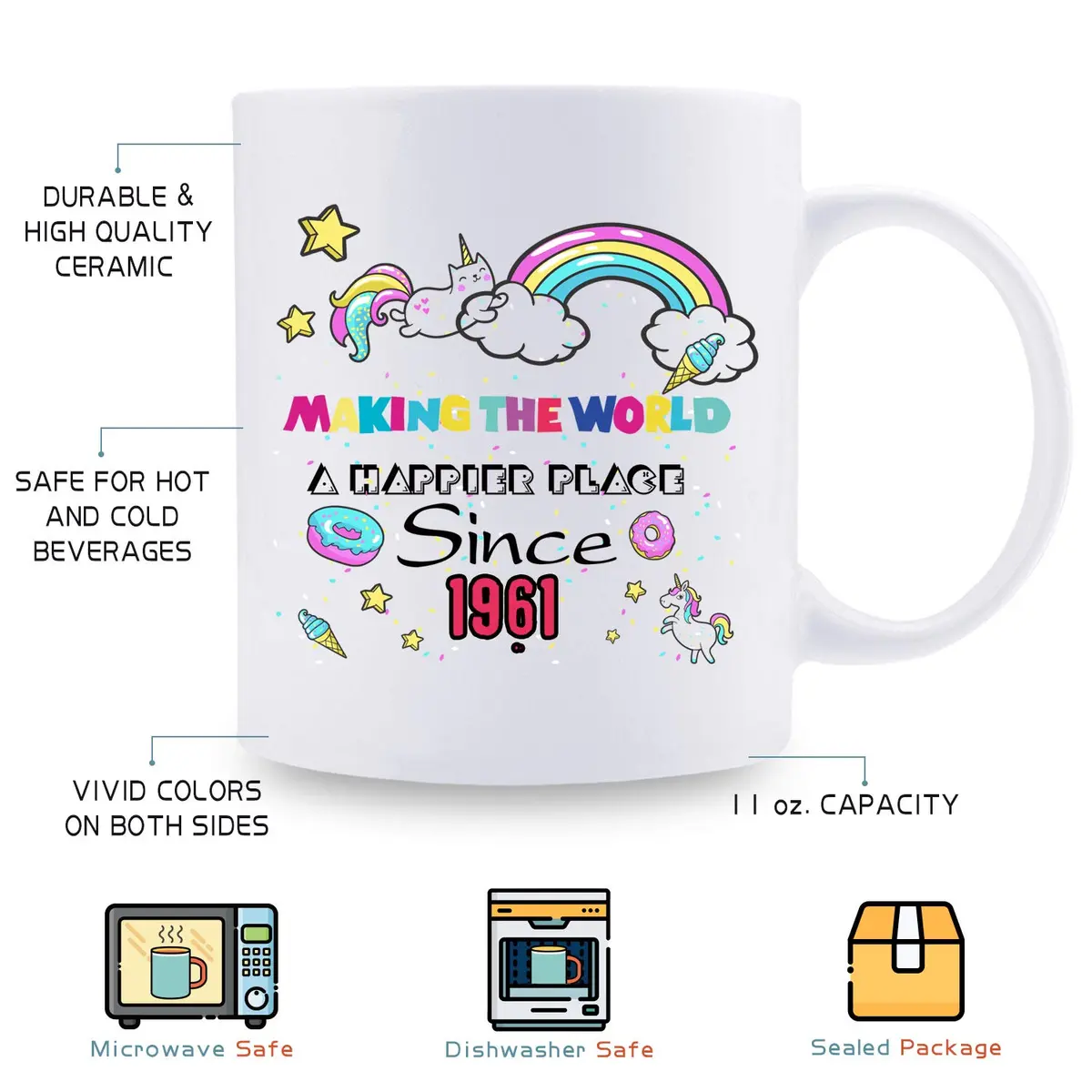 MintBear 60th Birthday Mug - Making The World A Happier Place Since 1961 Coffee Mug - 11 oz (325 ml) | Unique Birthday Gift for Women - view 3