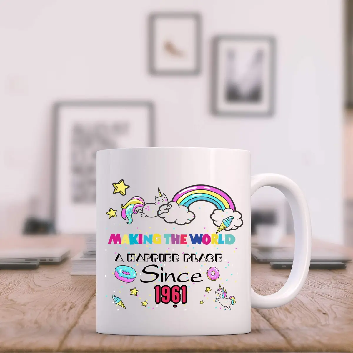 MintBear 60th Birthday Mug - Making The World A Happier Place Since 1961 Coffee Mug - 11 oz (325 ml) | Unique Birthday Gift for Women - view 4