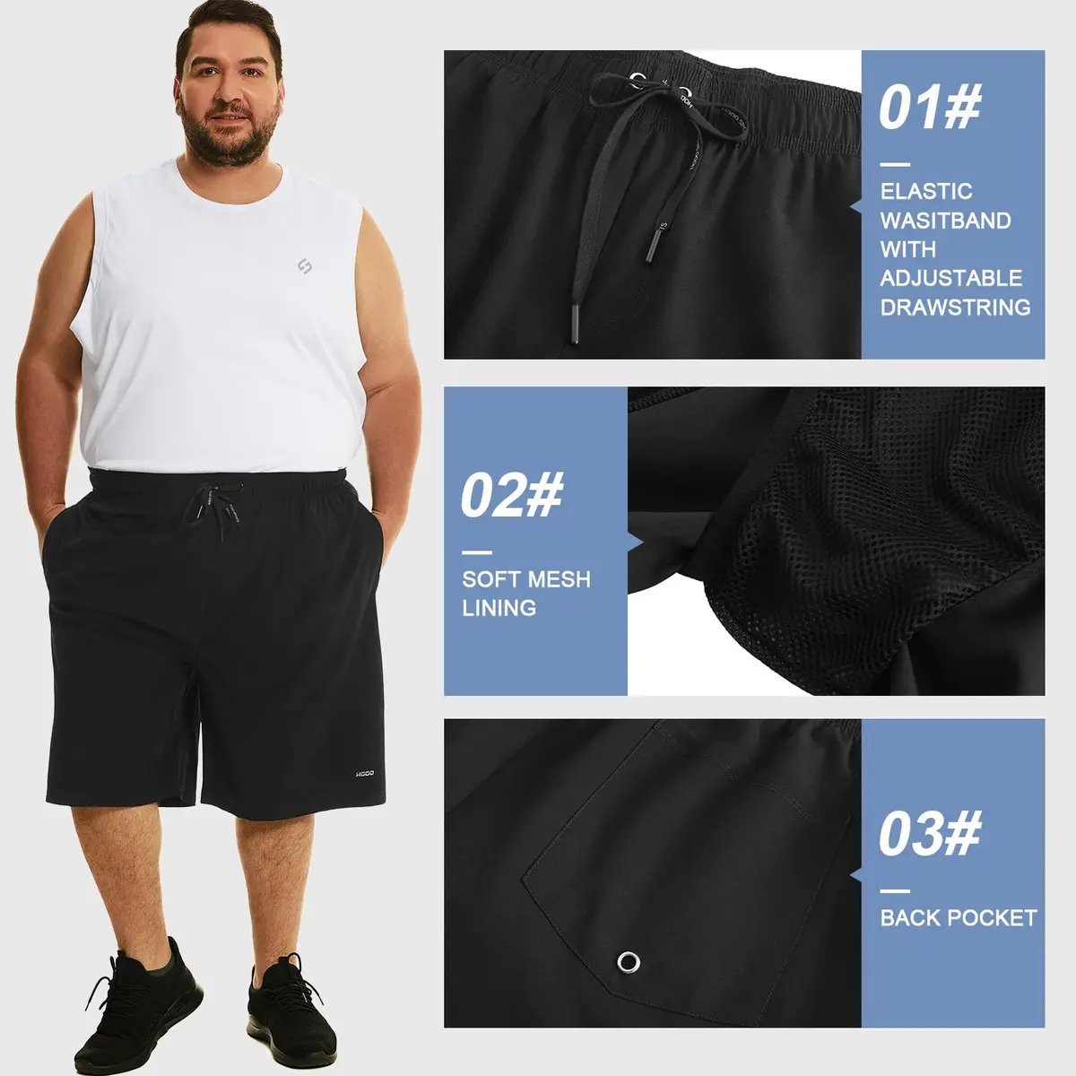 HOdo Big & Tall Swim Trunks 11 inch | Quick-Dry Supportive Mesh Liner Black 5XL - view 5