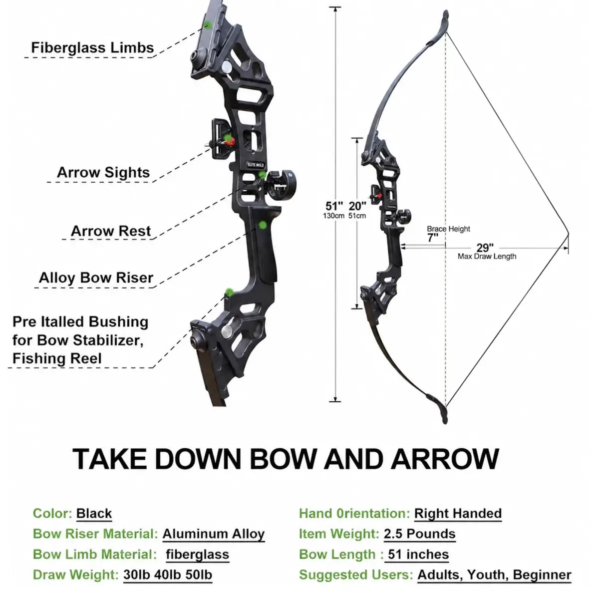 IS-TONGTU Takedown Recurve Bow and Arrow Set — 51" Right-Handed 30-50 lbs | Complete Archery Kit for Beginners & Youth - view 6